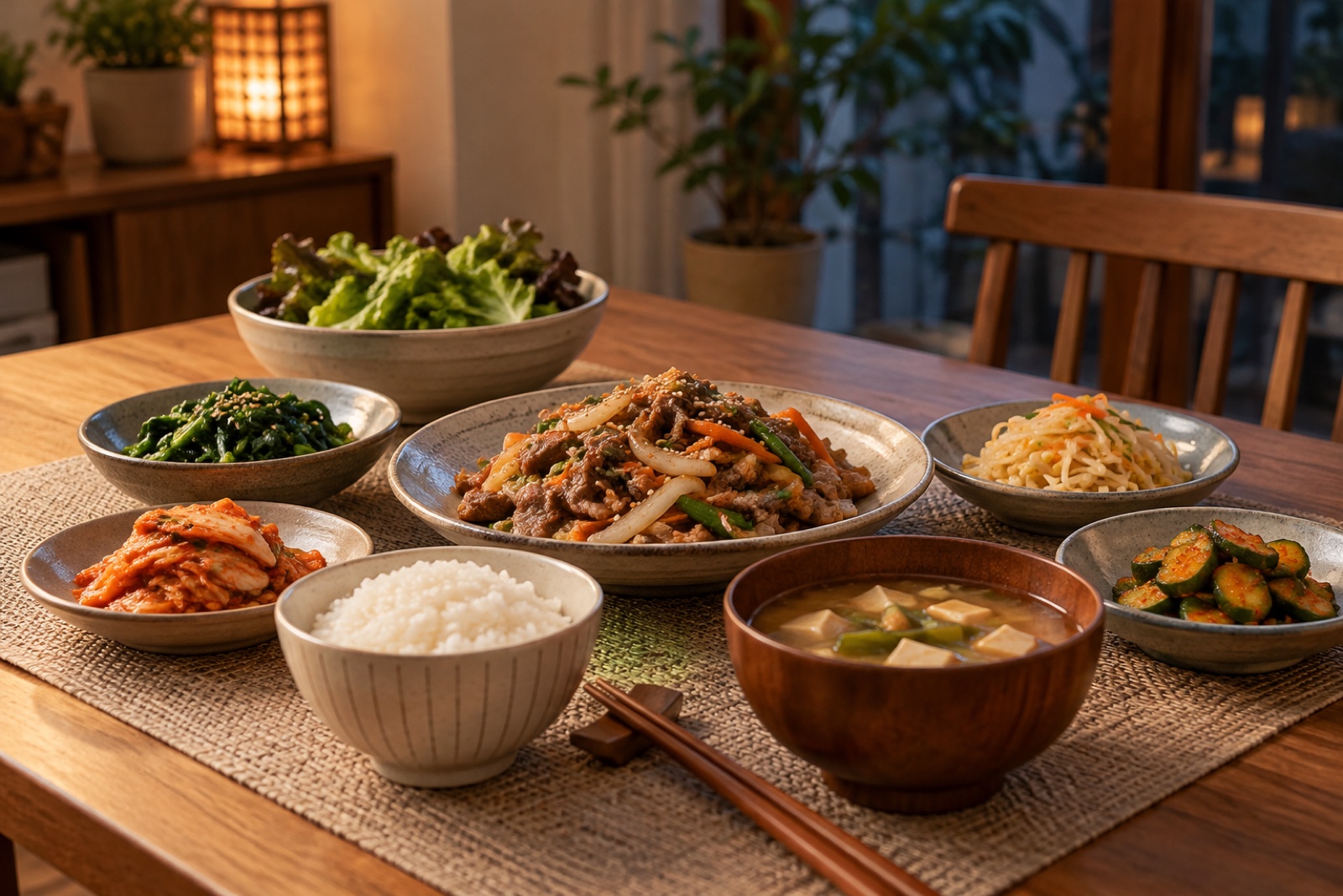 밥과 익힌 채소로 차린 가정식 저녁 식탁