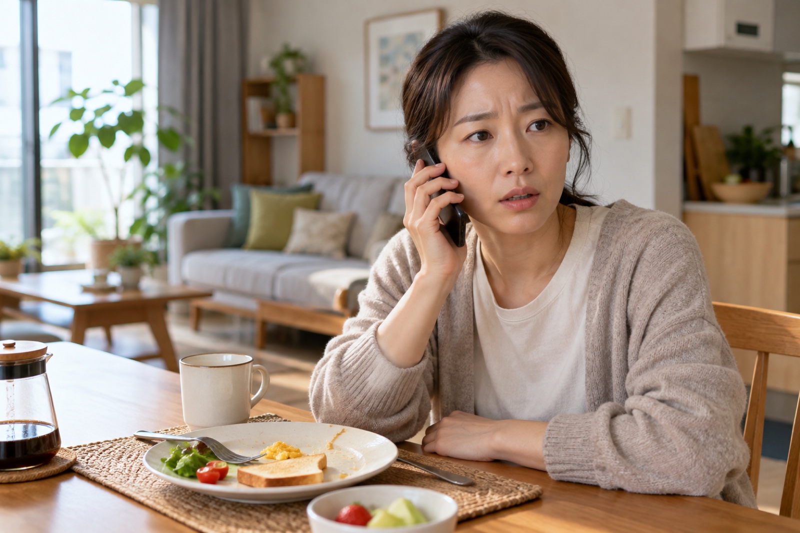 아침 식탁 옆에서 검진기관에 전화하는 성인