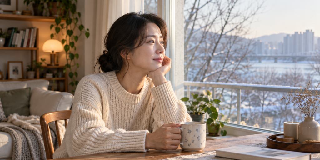 겨울 아침 창가에서 햇빛을 받으며 생각에 잠긴 여성