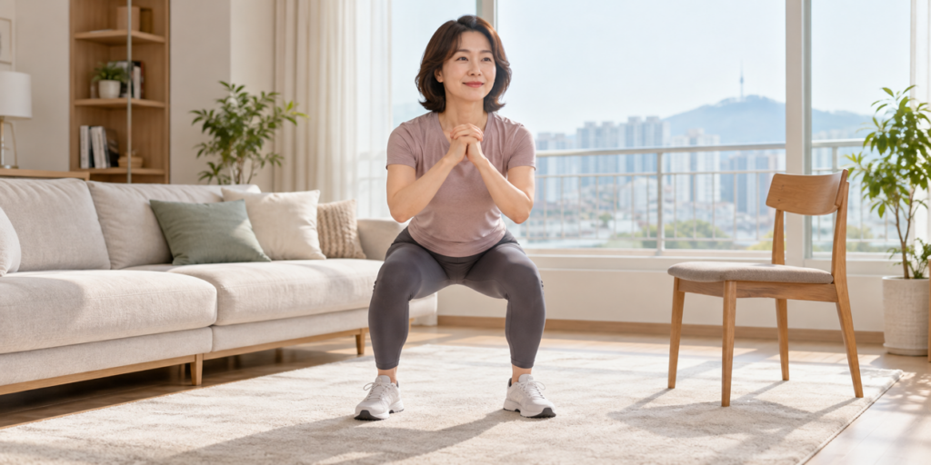 밝은 거실에서 의자 옆에 서서 맨몸 스쿼트를 하는 중년 여성