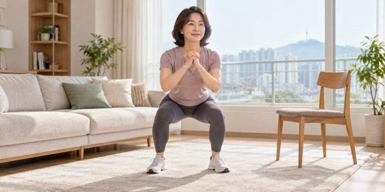 밝은 거실에서 의자 옆에 서서 맨몸 스쿼트를 하는 중년 여성