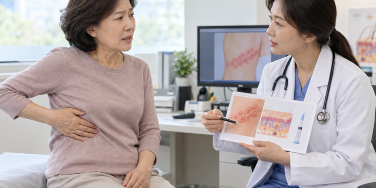 한쪽 몸통의 불편감을 설명하며 의사와 대상포진 예방을 상담하는 중년 여성