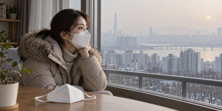 겨울철 흐린 서울 풍경을 배경으로 보건용 마스크를 착용한 성인