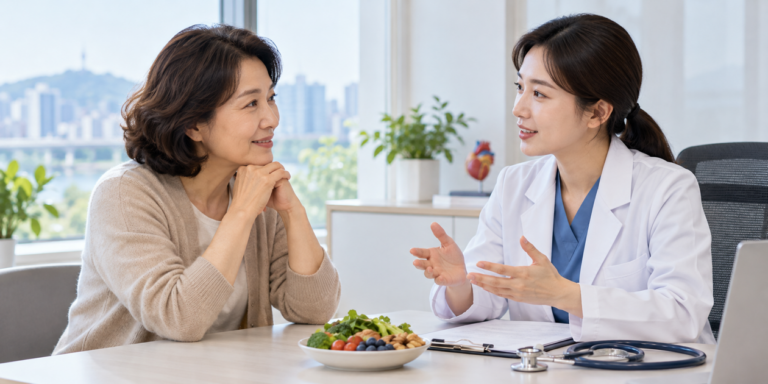진료실에서 의사와 콜레스테롤 관리 방법을 상담하는 한국인 중년 여성