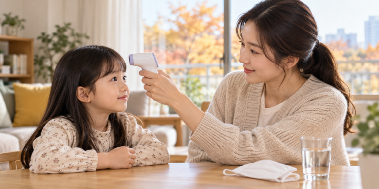 가을 햇살이 드는 집에서 비접촉 체온계로 초등학생 자녀의 체온을 확인하는 보호자