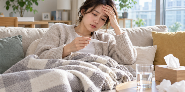 체온계를 들고 소파에서 쉬는 한국인 여성과 물컵, 휴지 상자