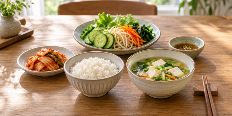 두부국과 김치, 채소 반찬과 별도 소스를 차린 한국식 식탁