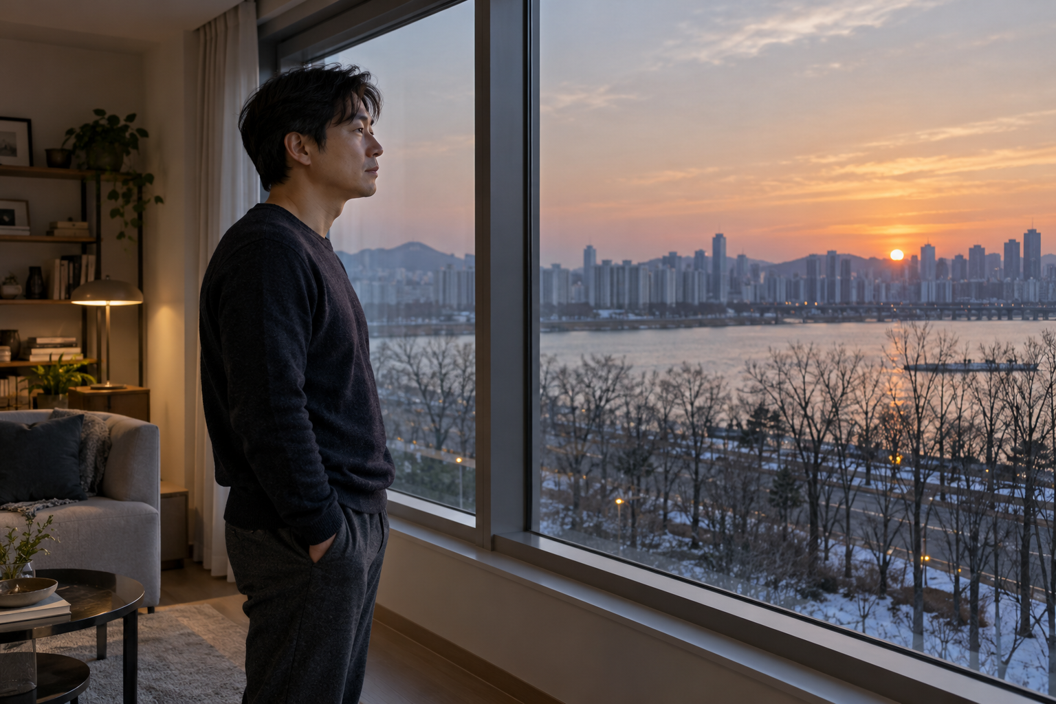 창가에 서서 겨울 도시의 이른 해질녘을 바라보는 남성