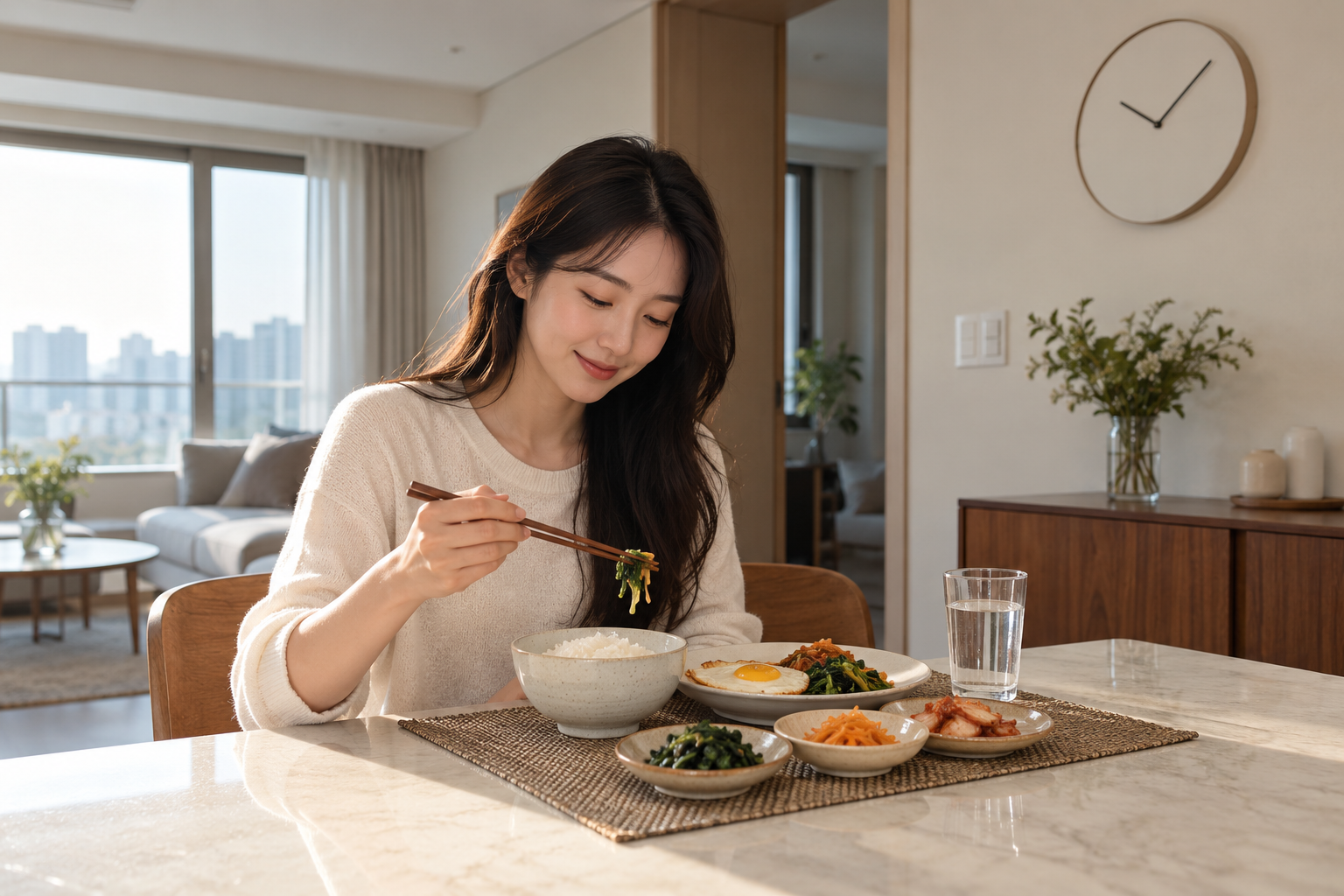 벽시계가 있는 집에서 한식 식사를 하는 여성