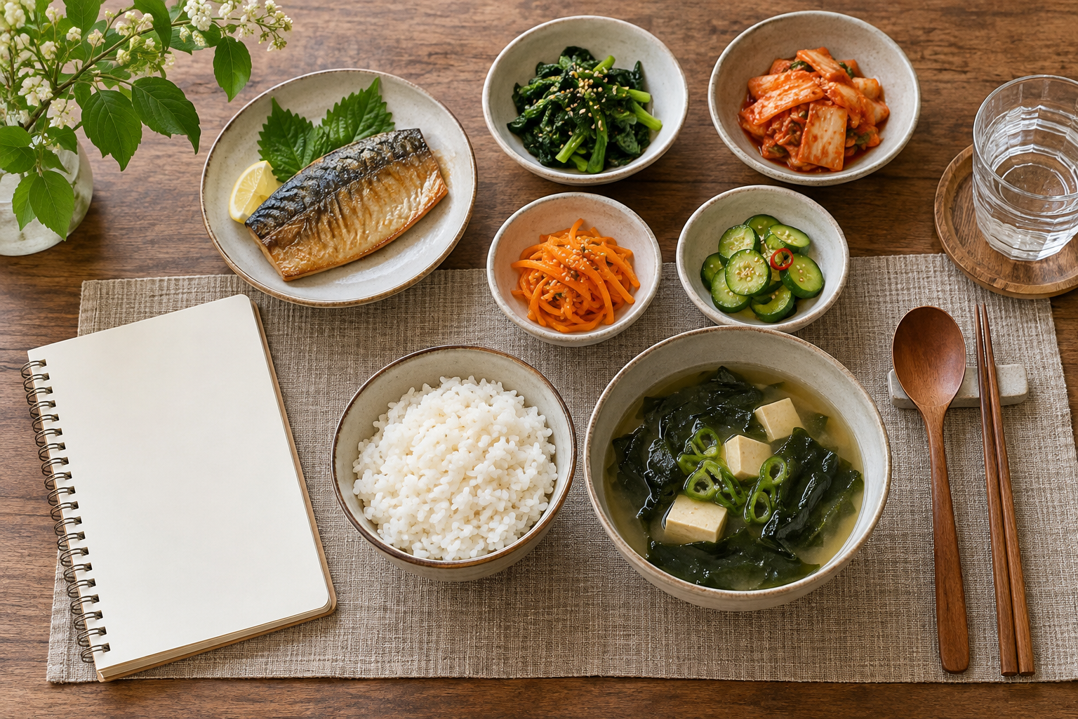 밥과 국, 반찬으로 구성된 한 끼와 기록용 노트
