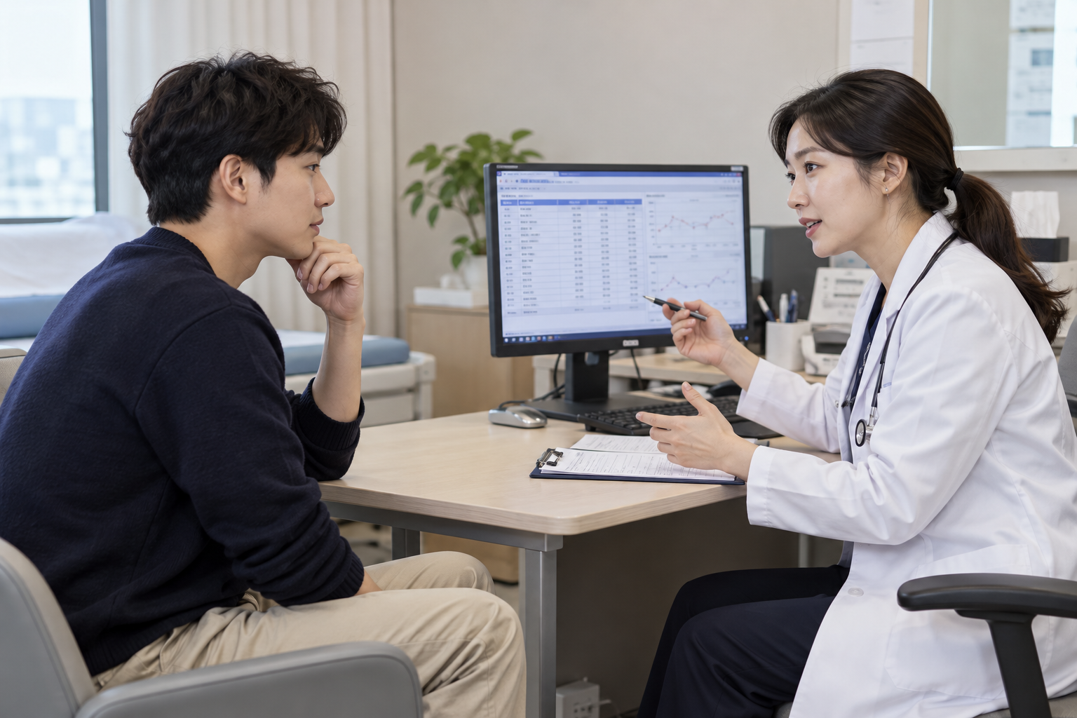 진료실에서 의사와 추가 혈당검사를 상담하는 한국인 남성