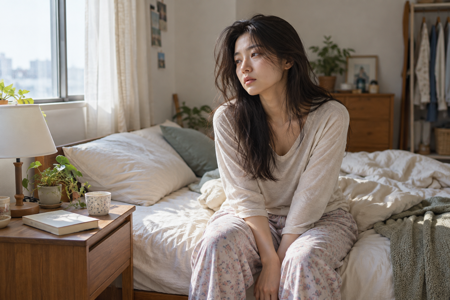 아침 침대 가장자리에 앉아 피곤한 표정으로 창밖을 보는 여성