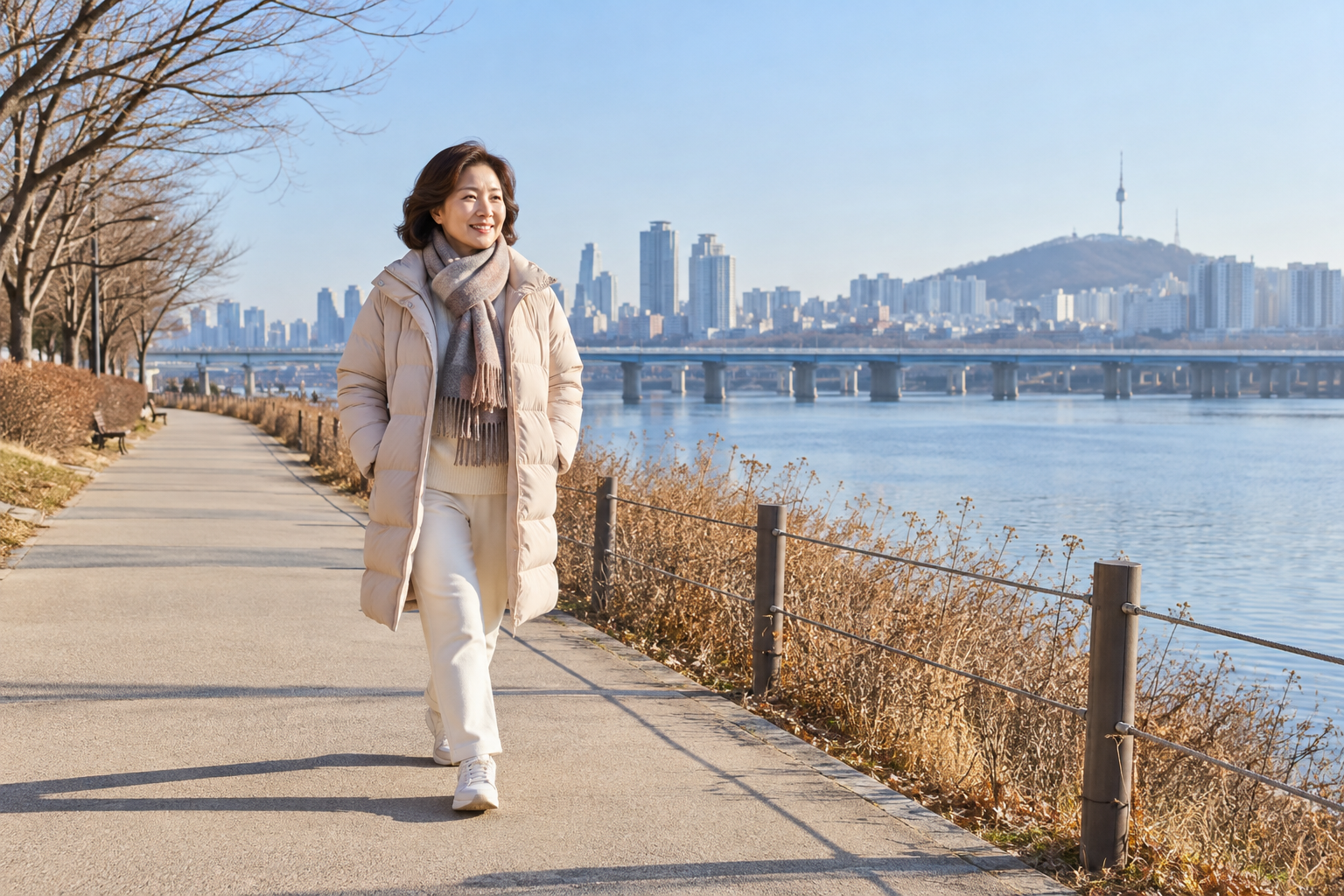 겨울 아침 햇빛 아래 한강 산책로를 걷는 여성
