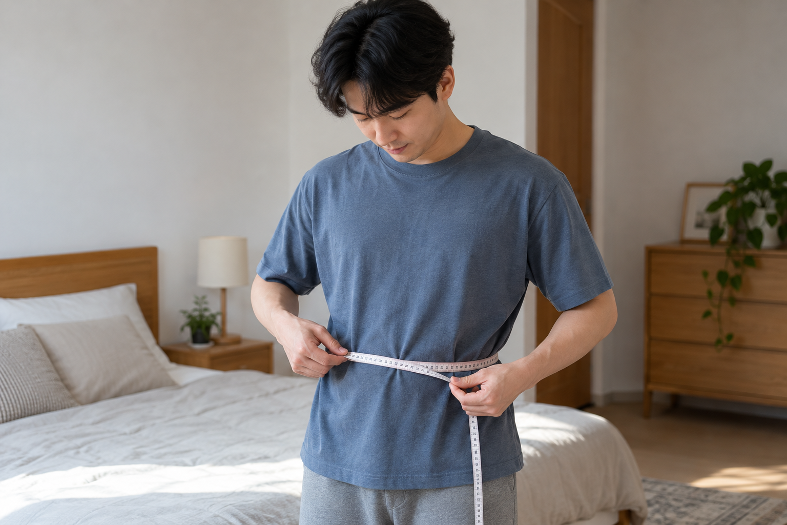 집에서 줄자로 허리둘레를 확인하는 남성