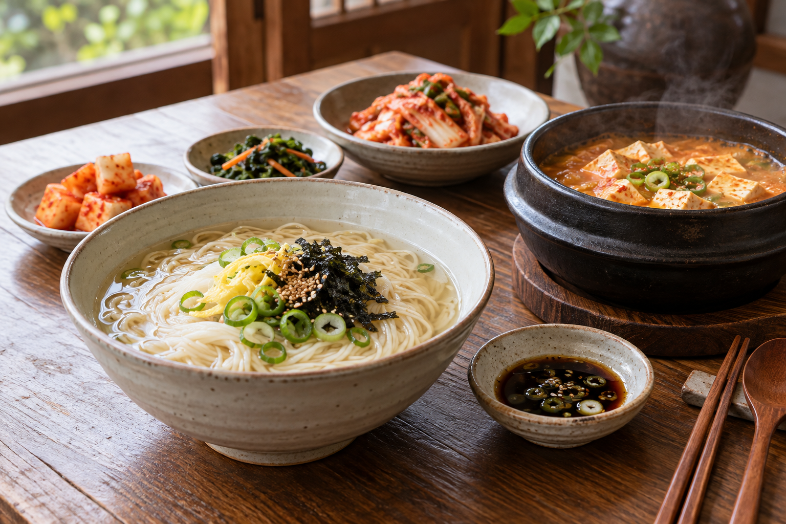 면 요리와 김치, 된장찌개와 간장을 차린 식탁