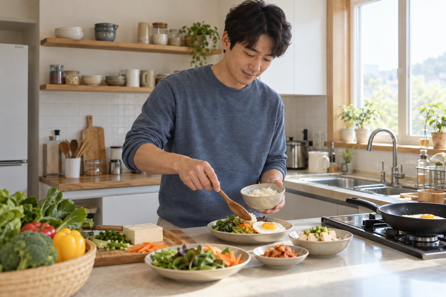 밝은 주방에서 채소와 두부를 곁들인 아침 식사를 준비하는 남성