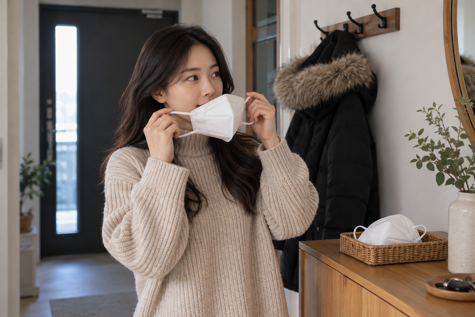 현관 거울 앞에서 마스크 크기를 확인하는 여성