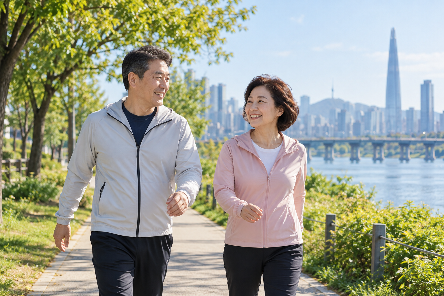 강변 공원 산책로를 걷는 한국인 중년 남녀