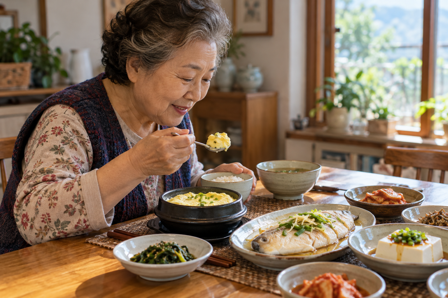 달걀찜과 두부, 생선 반찬을 곁들여 식사하는 한국인 고령자