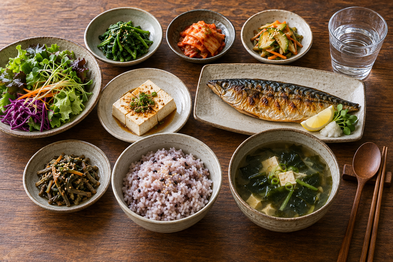 잡곡밥과 생선, 두부, 채소로 구성한 한식 식사
