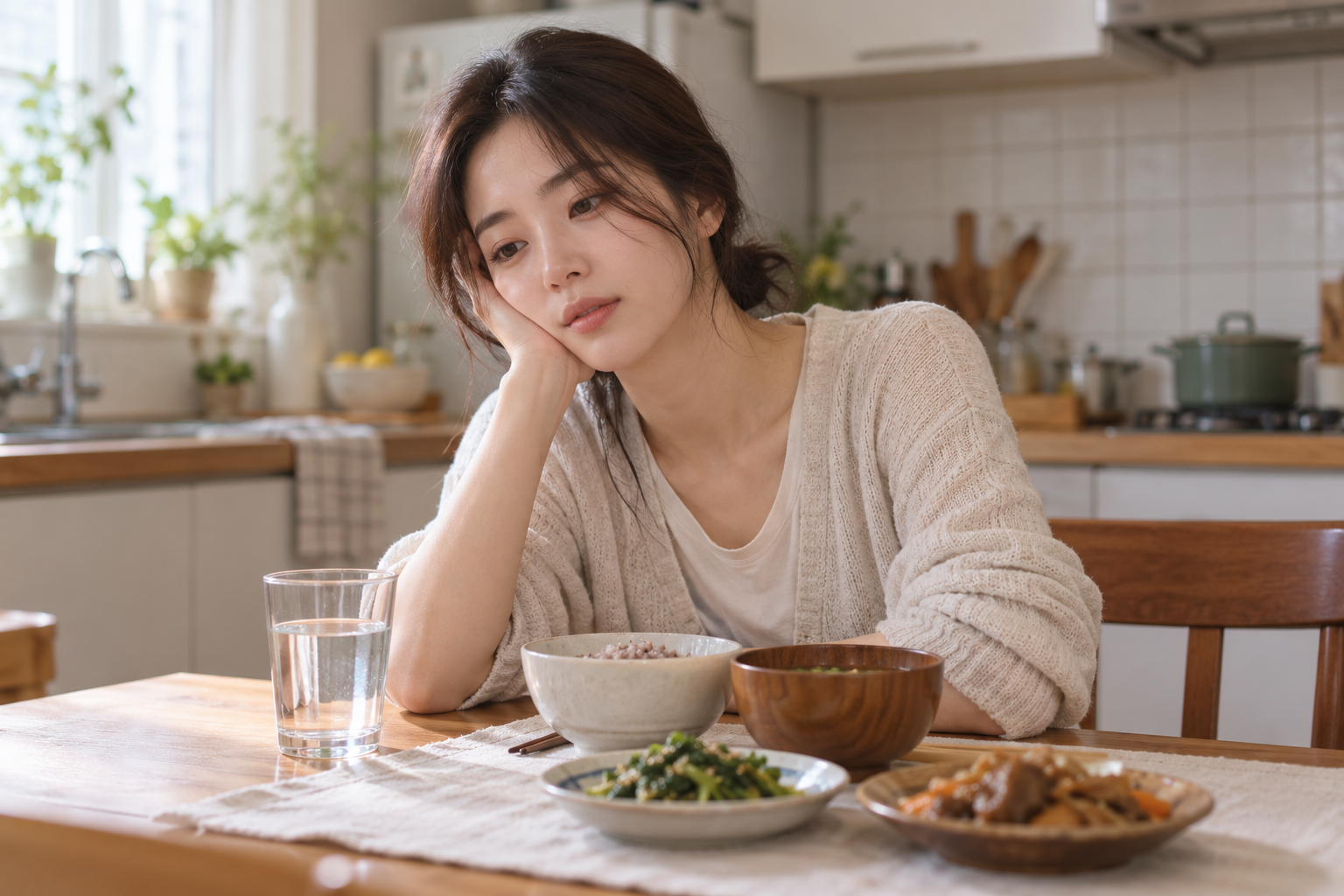 물과 식사가 놓인 식탁에서 피곤한 표정으로 쉬는 여성