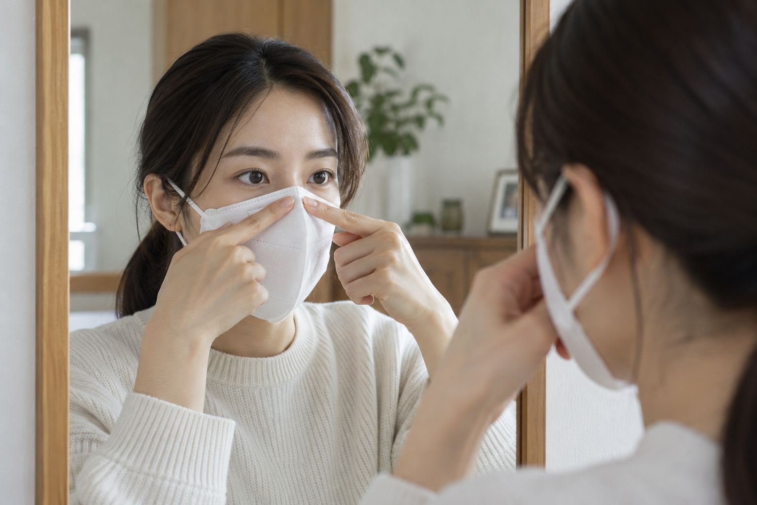 거울을 보며 양손으로 마스크 코 지지대를 누르는 여성