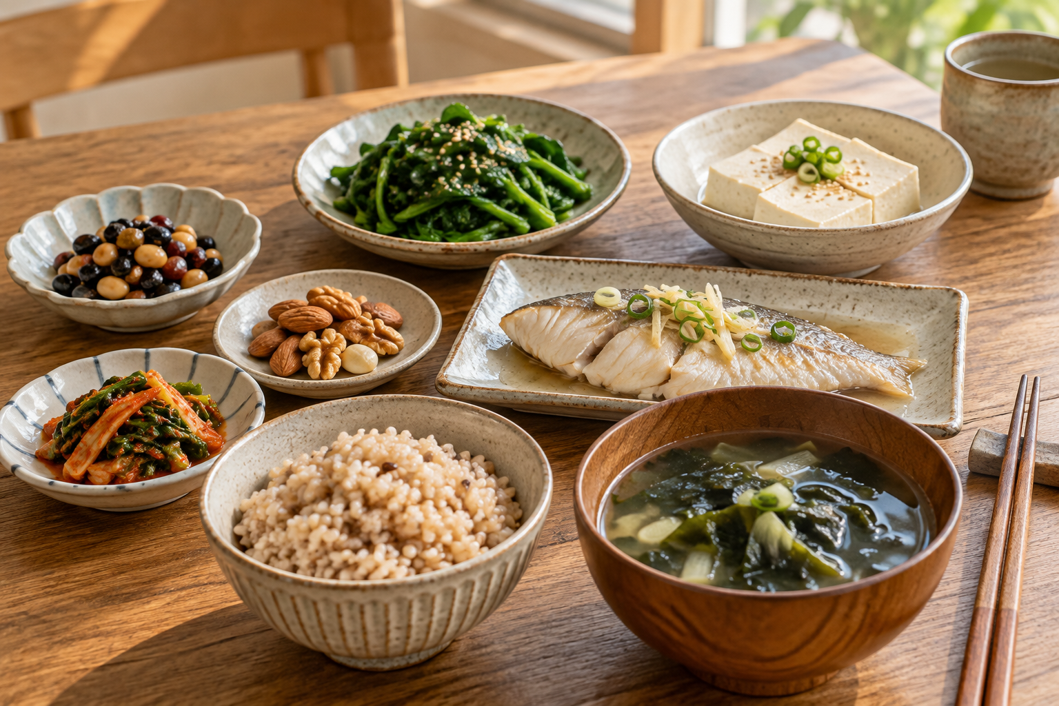 잡곡밥과 생선, 두부, 채소로 구성한 한식 식탁