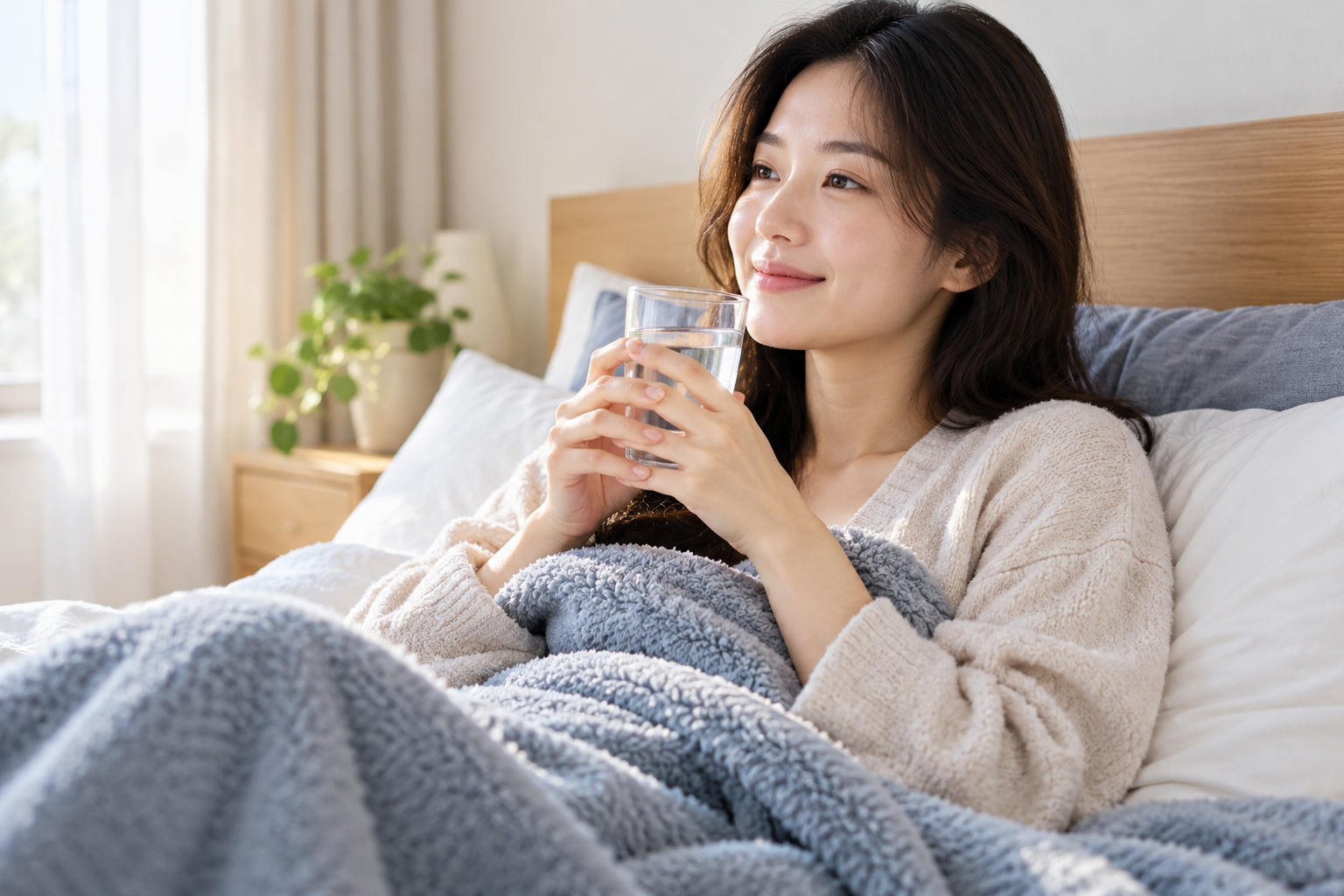 담요를 덮고 쉬면서 물컵을 들고 있는 회복기 성인