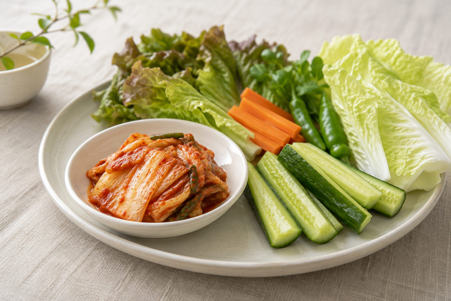 작은 접시에 담은 배추김치와 신선한 오이와 채소