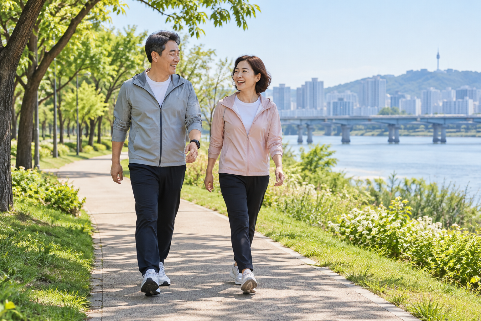 강변 공원 산책로에서 함께 걷는 한국인 중년 부부