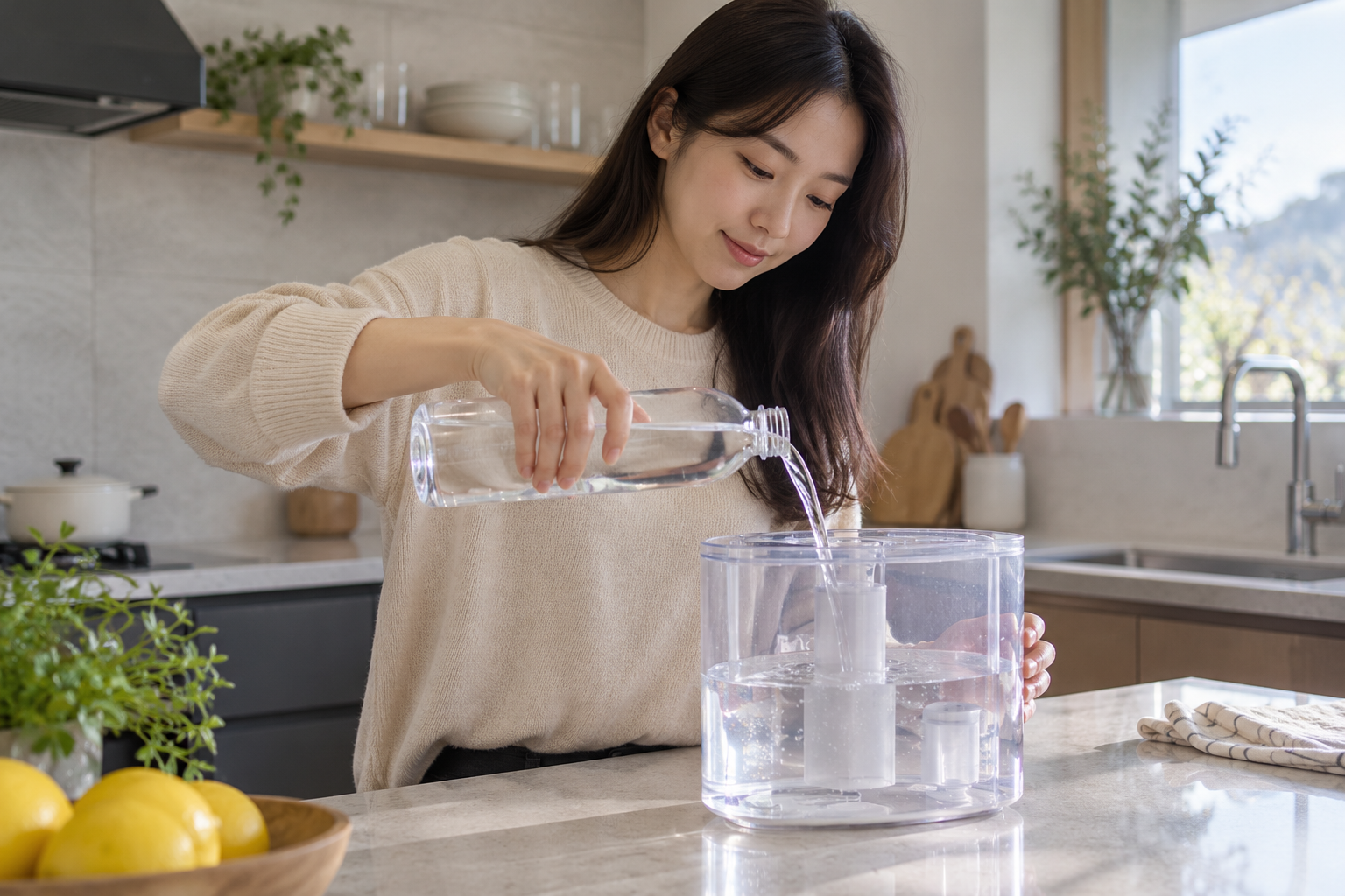 깨끗한 병의 물을 분리한 가습기 물통에 붓는 사람