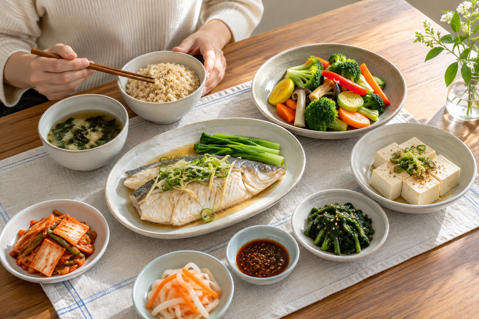현미밥과 생선 두부 채소로 구성한 가정식