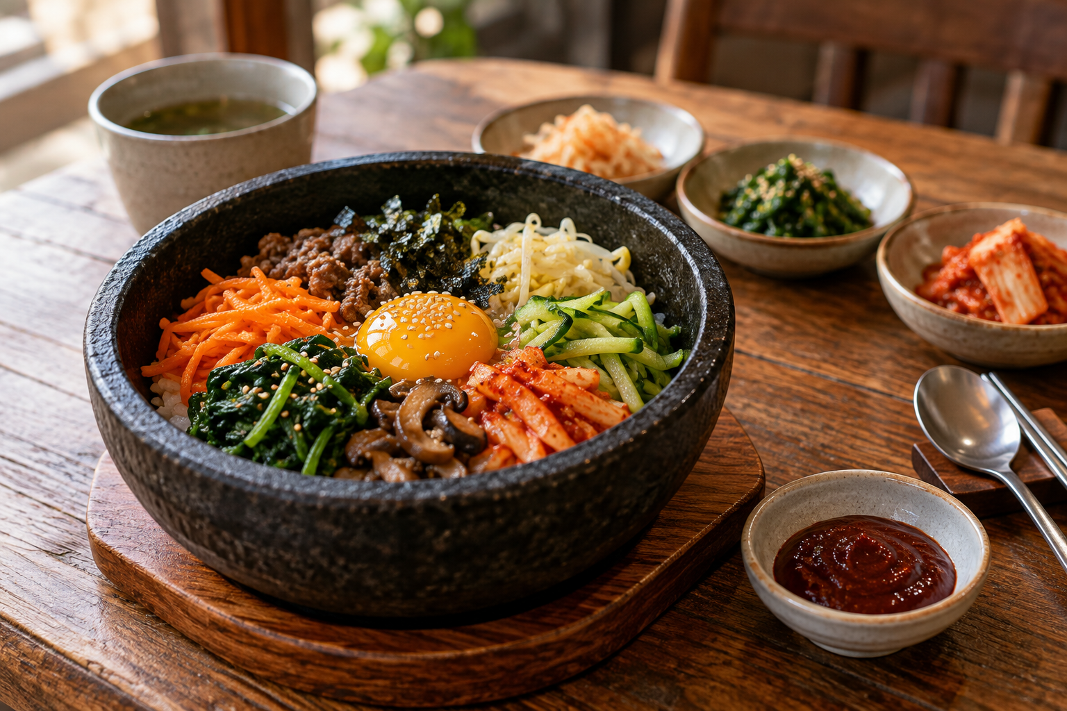 고추장을 별도 그릇에 곁들인 식당 비빔밥
