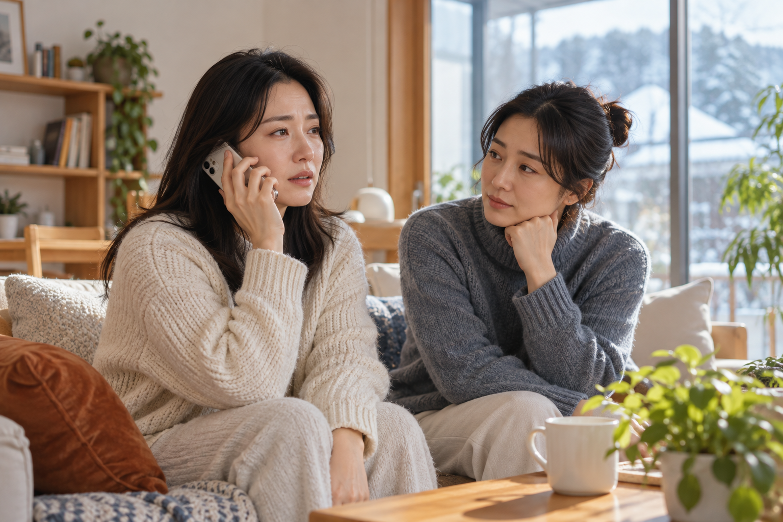 친구가 곁을 지키는 가운데 전화로 도움을 요청하는 여성