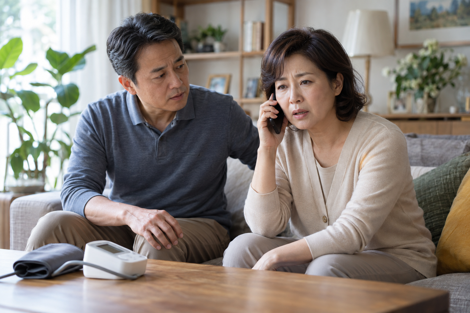 가족이 곁에 있는 가운데 전화로 의료 도움을 요청하는 여성