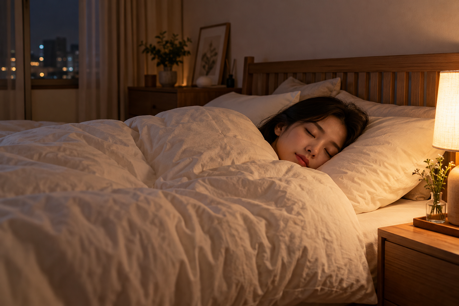 은은한 조명이 켜진 침실에서 이불을 덮고 자는 여성
