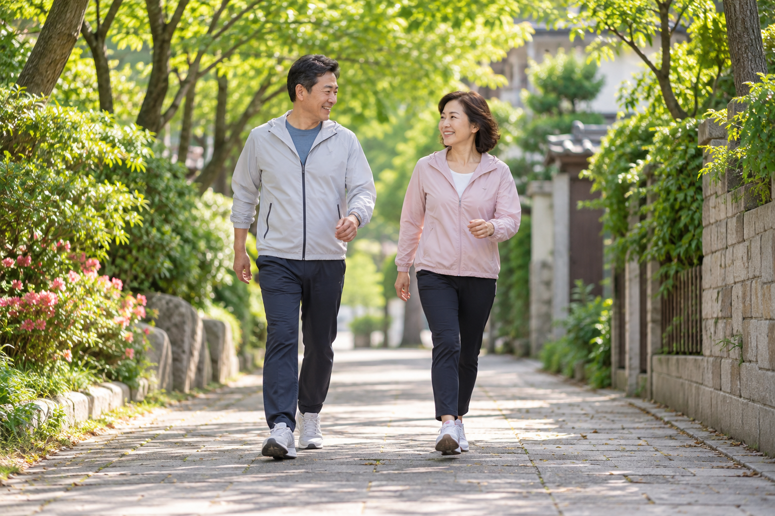 나무가 우거진 동네 산책길을 함께 걷는 중년 부부
