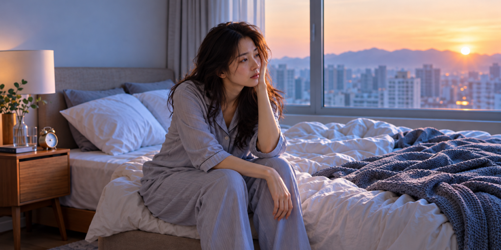 잠을 설친 뒤 새벽 침대에 앉아 있는 여성