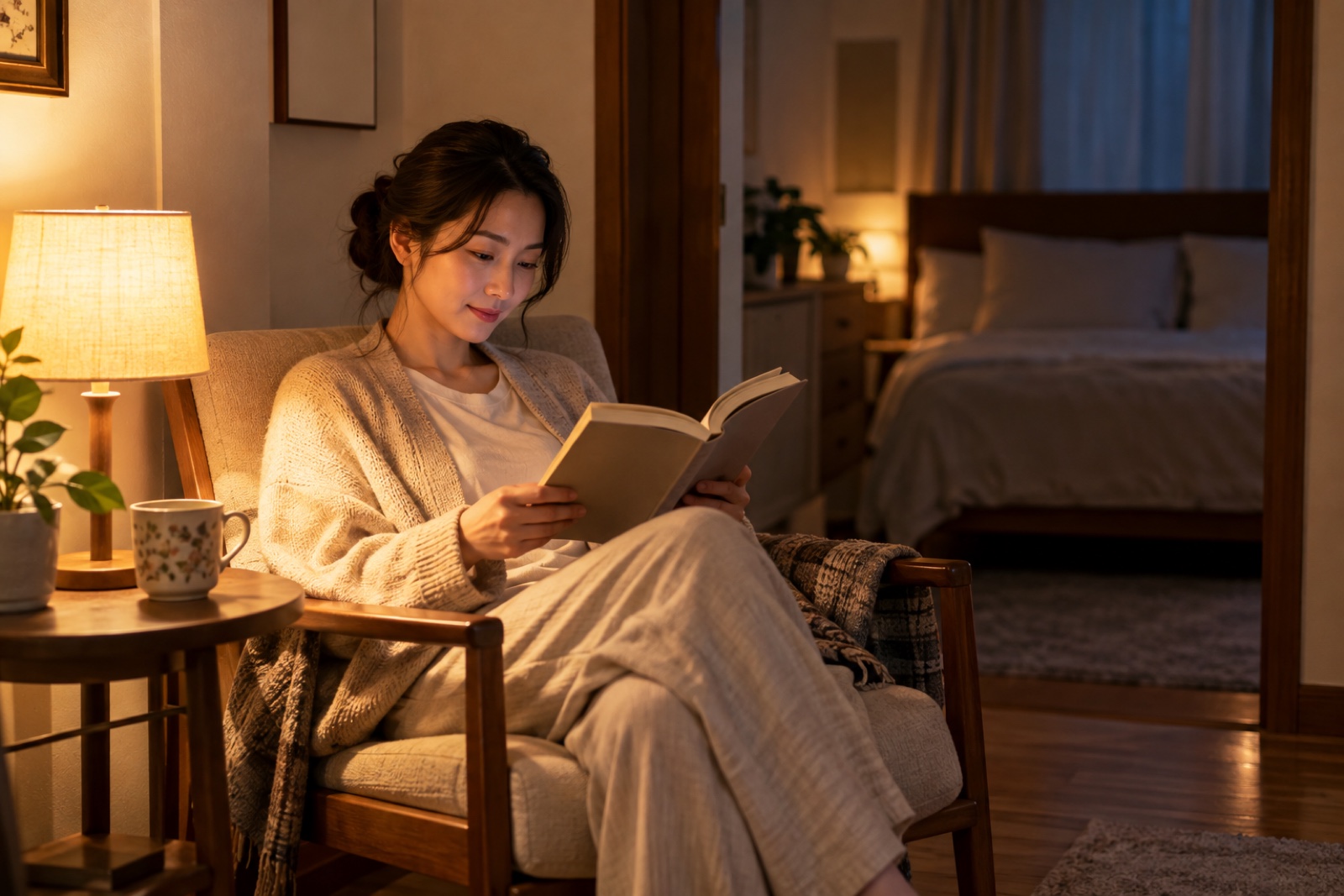 은은한 조명 아래 침실 밖에서 책을 읽는 성인